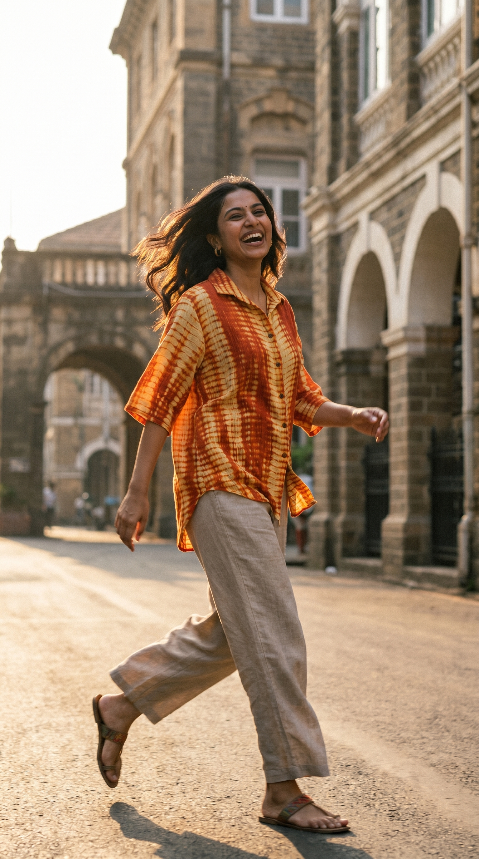 The Sunset Shibori on model, walking shot