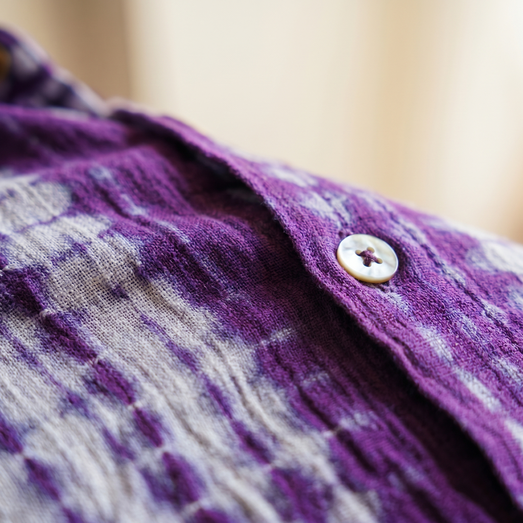 The Plum Shibori, close up of shibori folds and plum dye