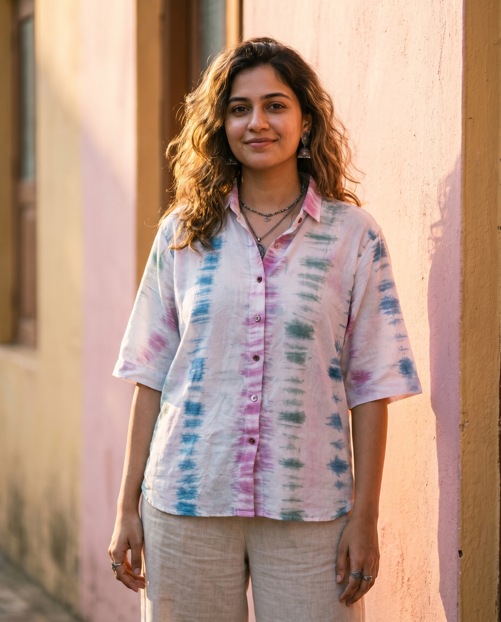Woman wearing The Cloudwash Pastel, soft muted pastel cotton