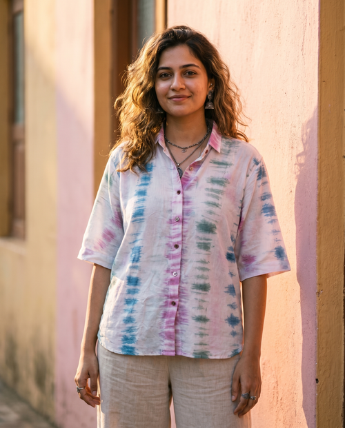 Woman wearing The Cloudwash Pastel, soft muted pastel cotton