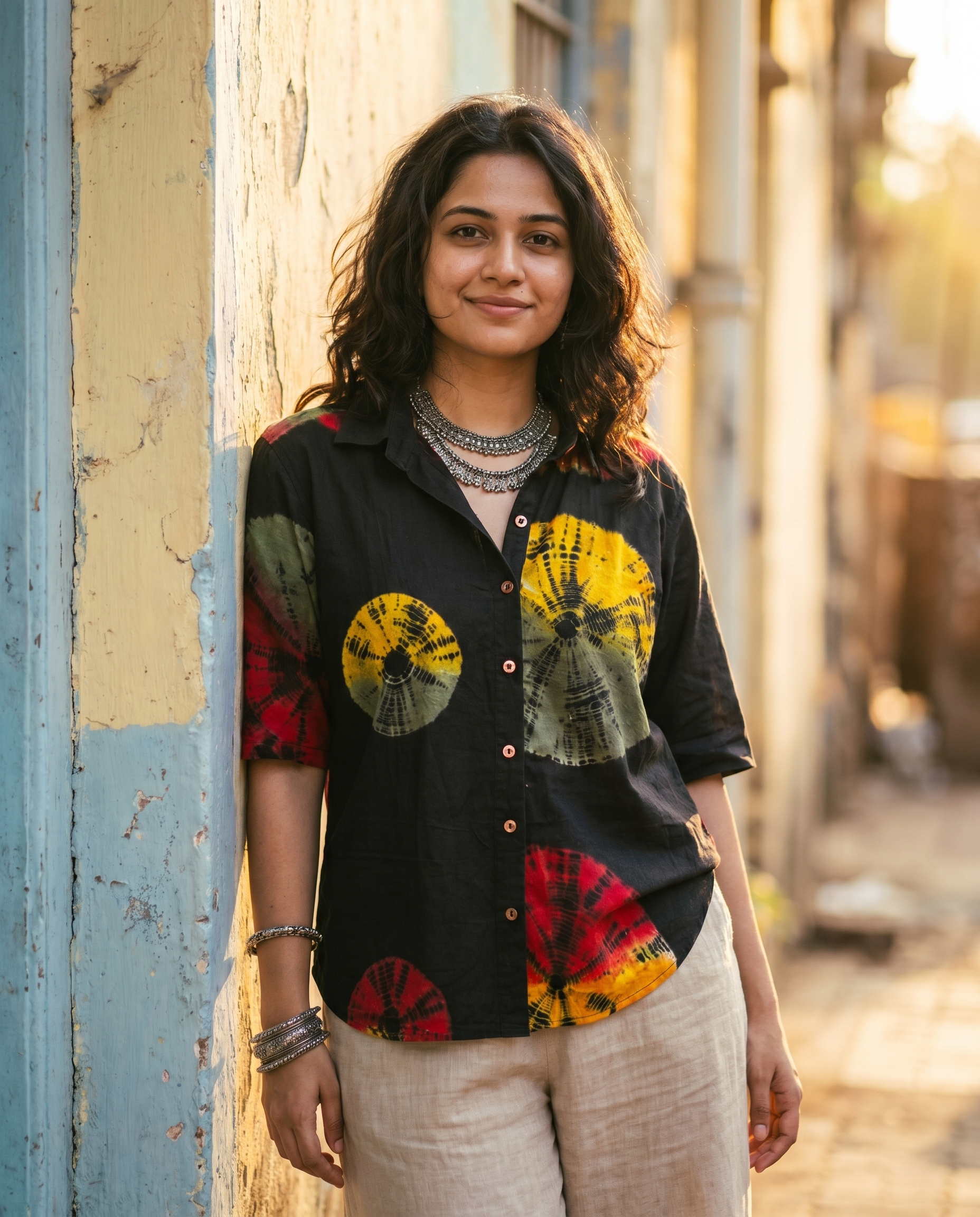 Woman wearing The Solar Burst, sun yellow radial print on cream