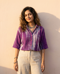 Woman wearing The Plum Shibori, plum on cream