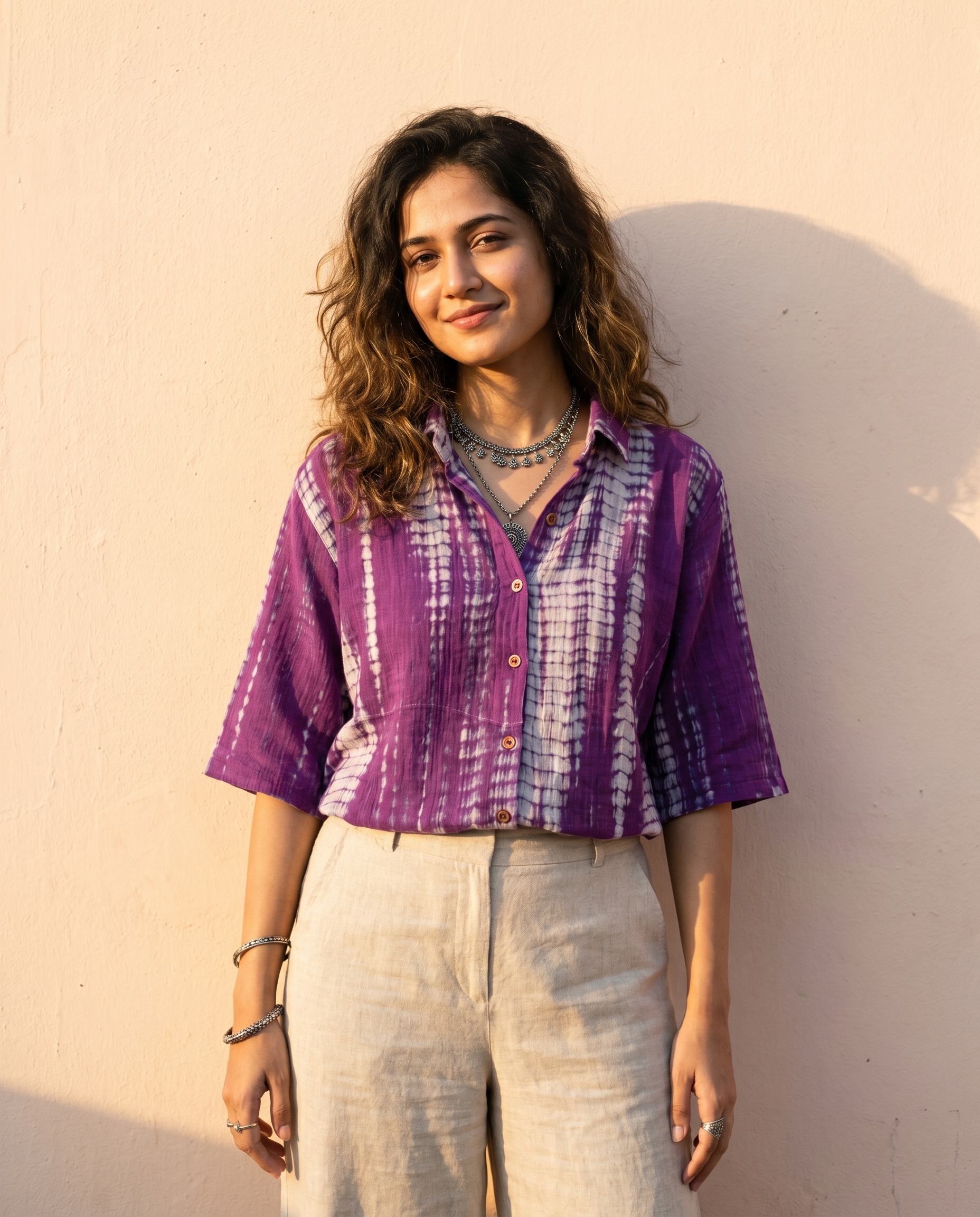Woman wearing The Plum Shibori, plum on cream