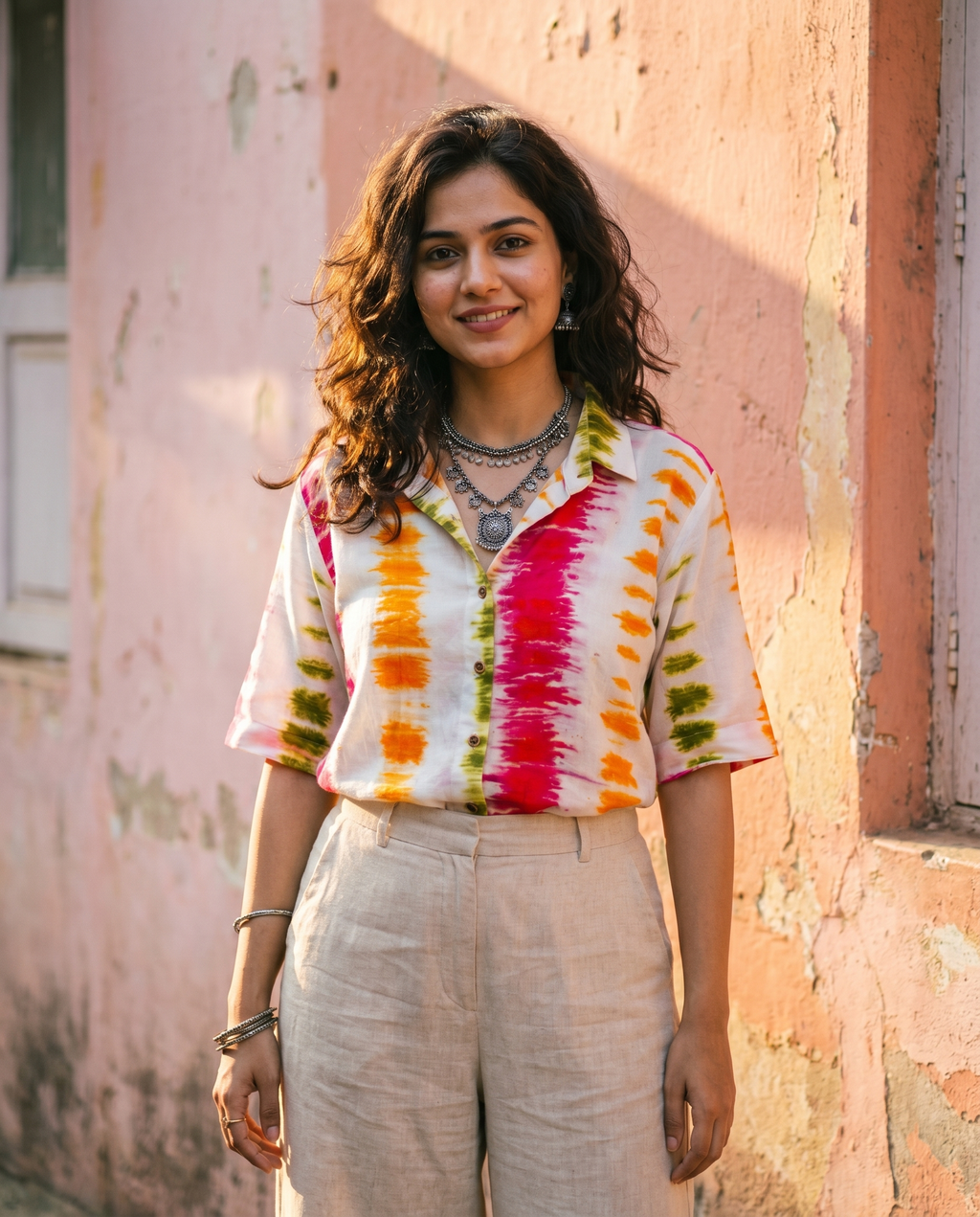 Woman wearing The Holi Stripes, festive bright woven cotton
