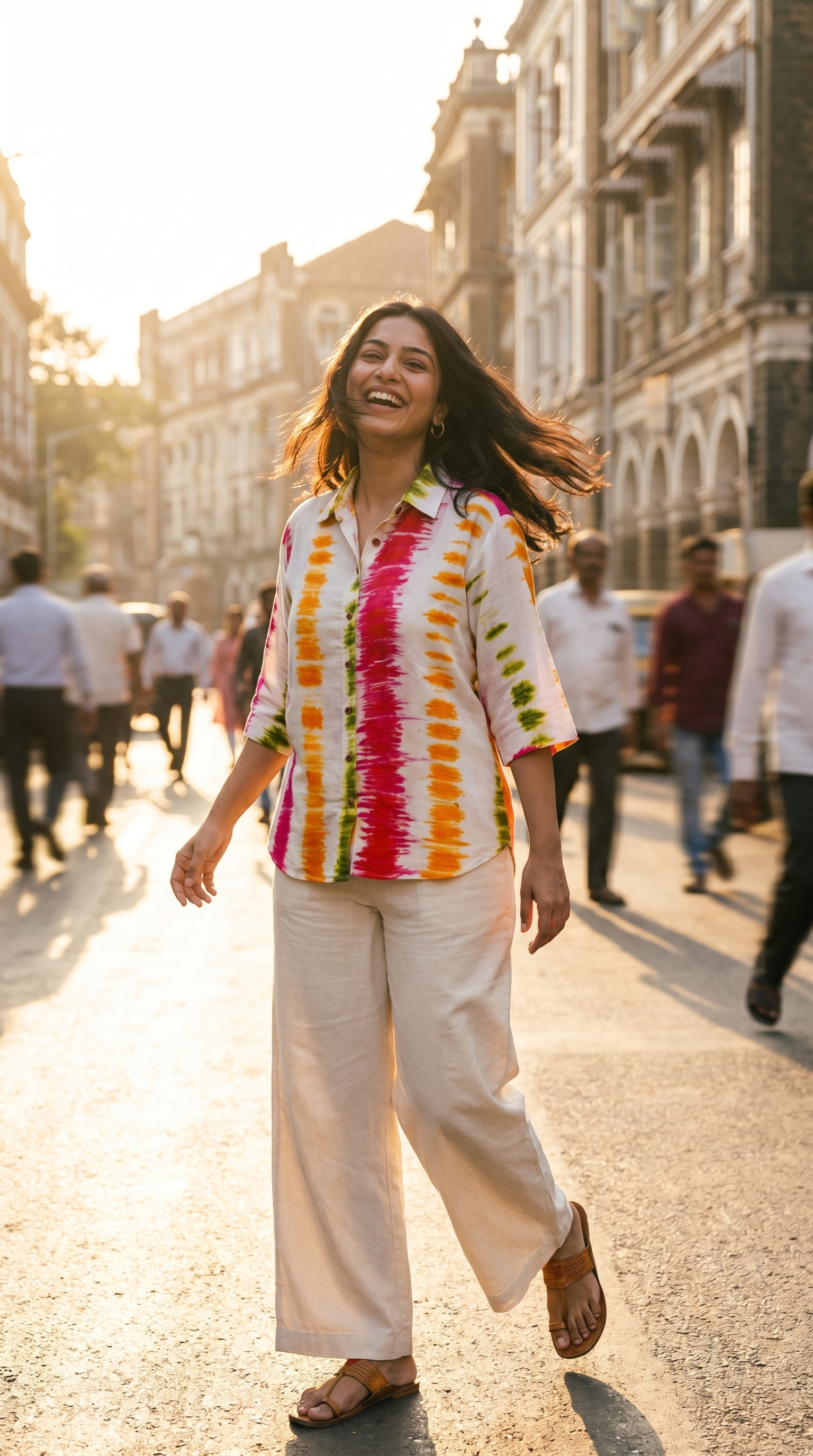 The Holi Stripes on model, walking shot