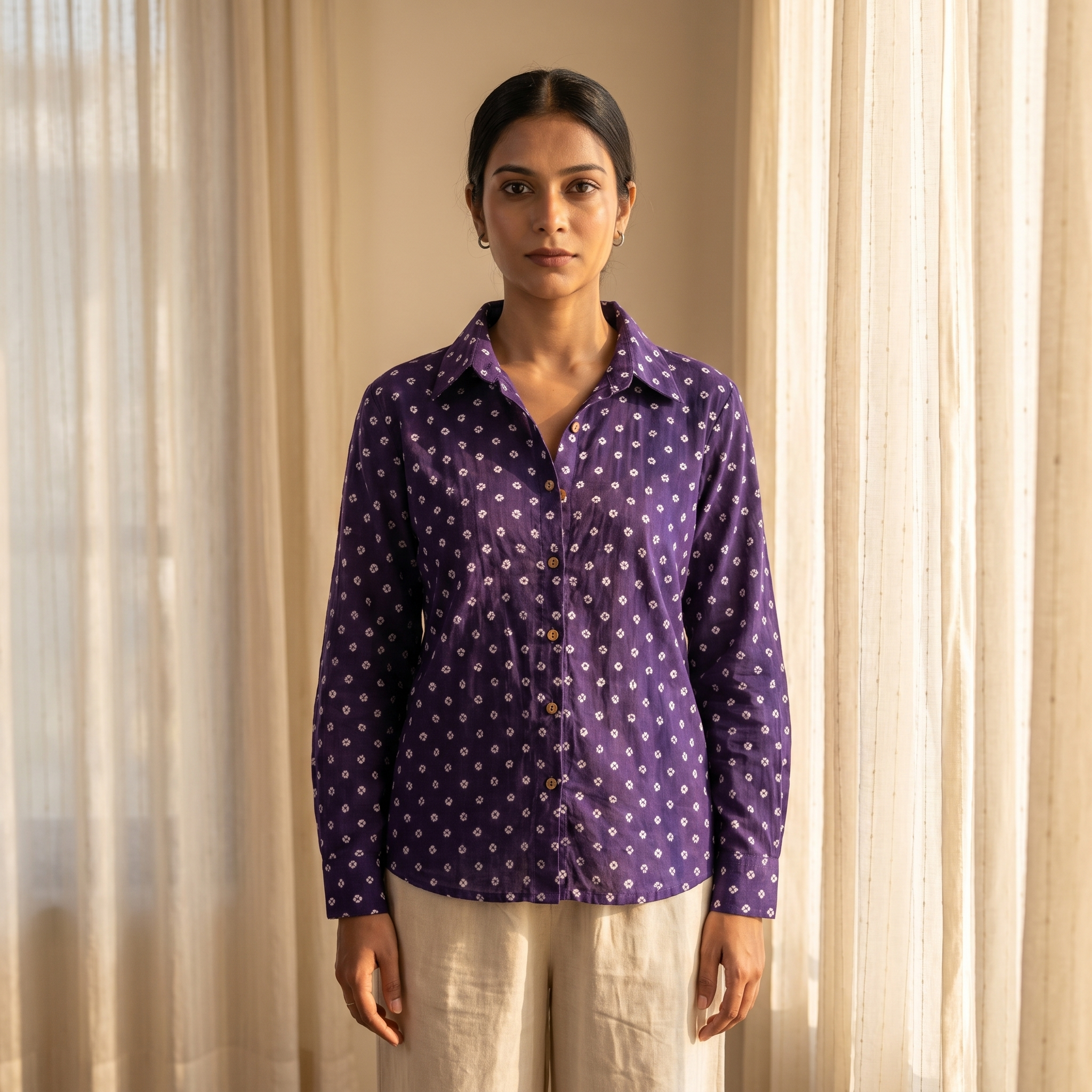 Woman wearing The Indigo Bandhani, deep indigo tie dot pattern