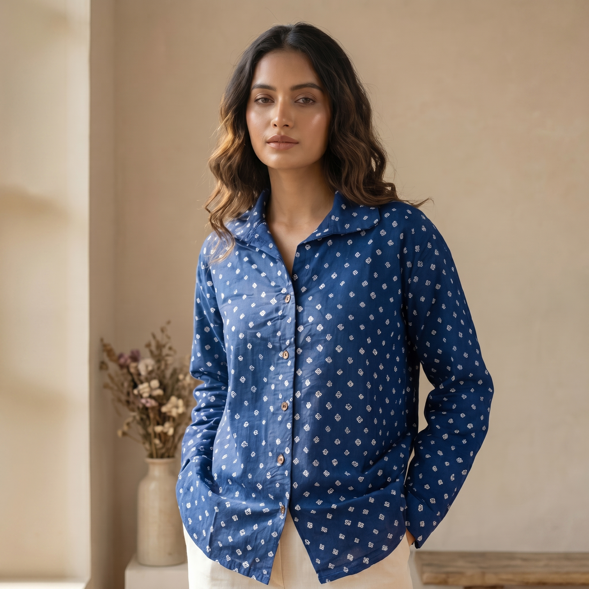 Woman wearing The Royal Blue Bandhani, bright bandhani tie dye