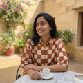 Woman wearing The Brown Checkerboard, warm brown checkerboard pattern on cream