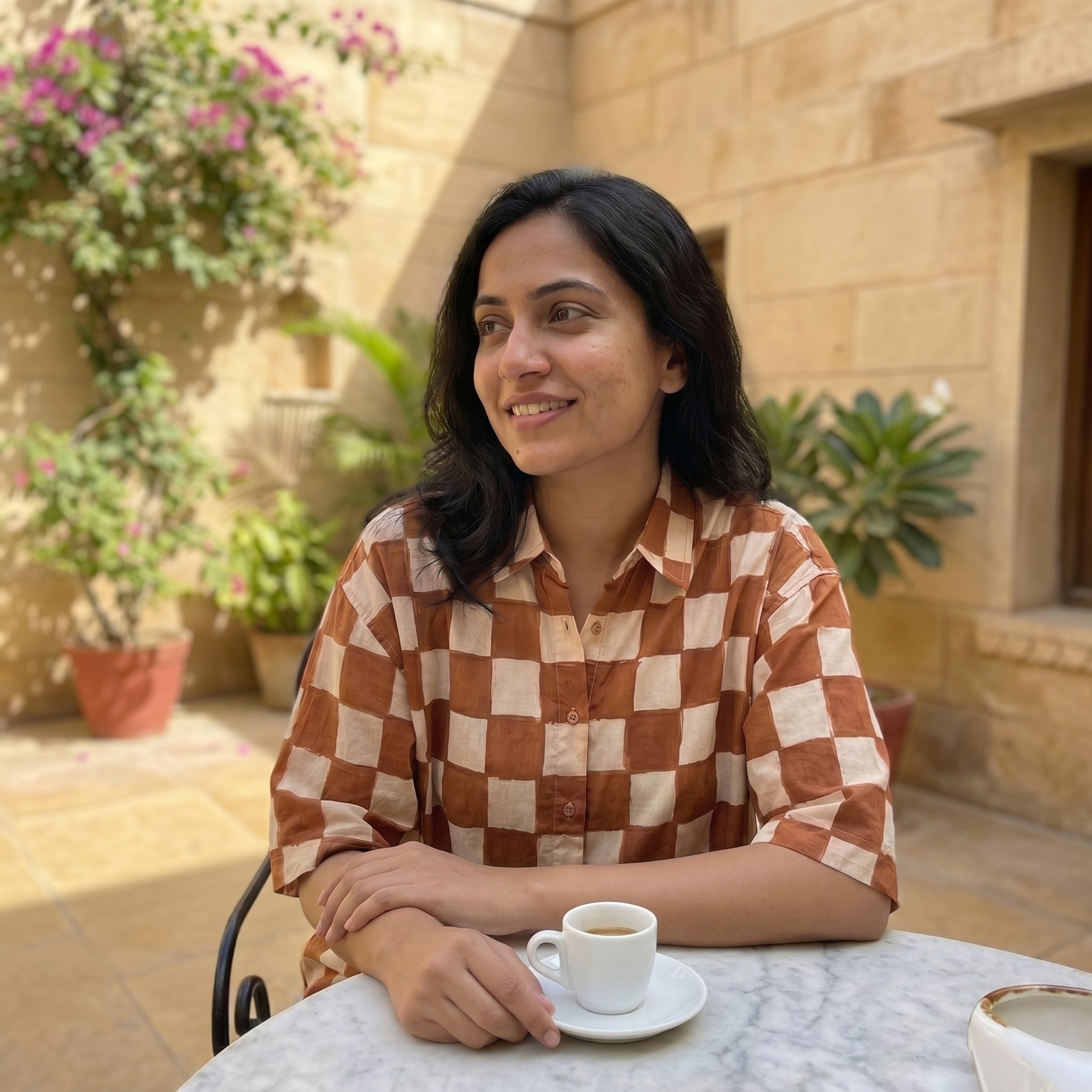 Woman wearing The Brown Checkerboard, warm brown checkerboard pattern on cream
