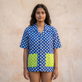 Woman wearing The Polka Dot Capsule, soft polka dot cotton shirt